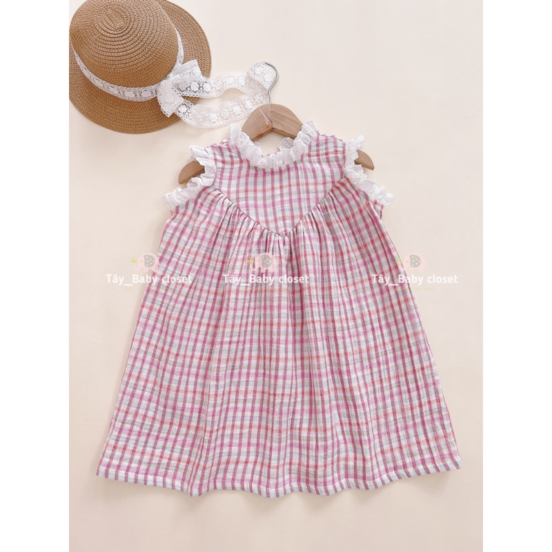 Đầm babydoll caro phối ren Tây babycloset cho bé gái