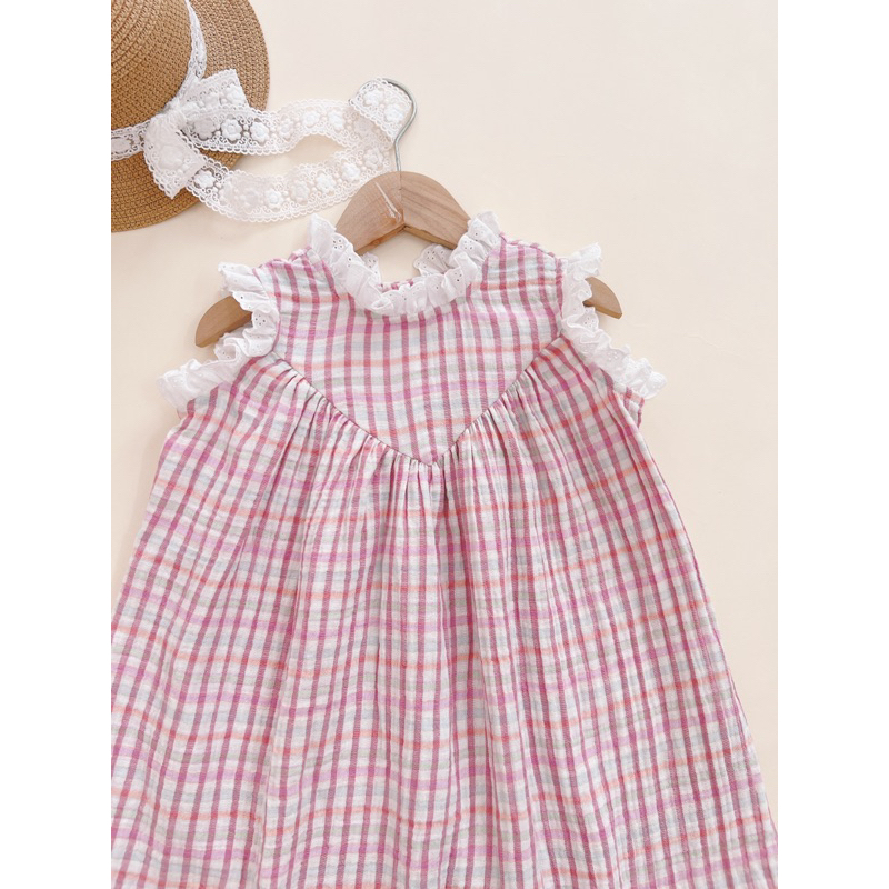Đầm babydoll caro phối ren Tây babycloset cho bé gái