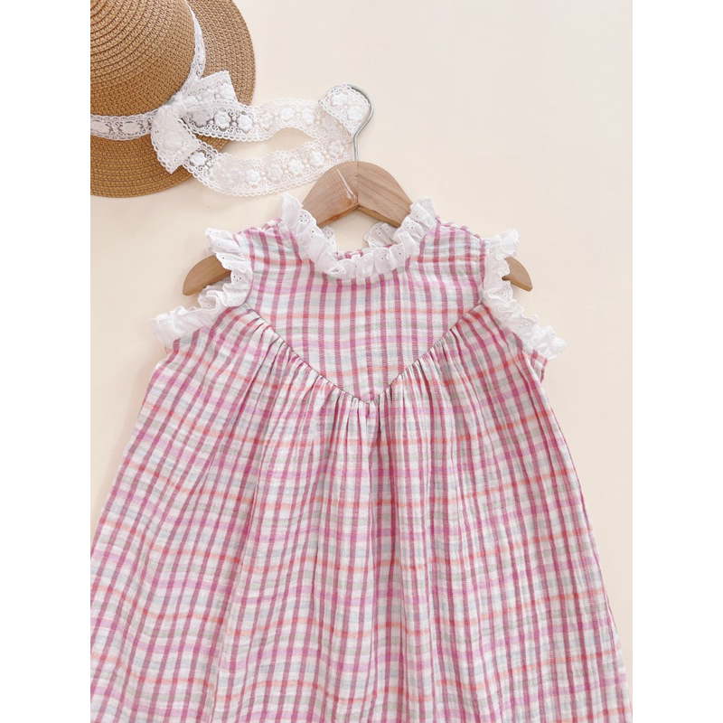 Đầm babydoll caro phối ren Tây babycloset cho bé gái