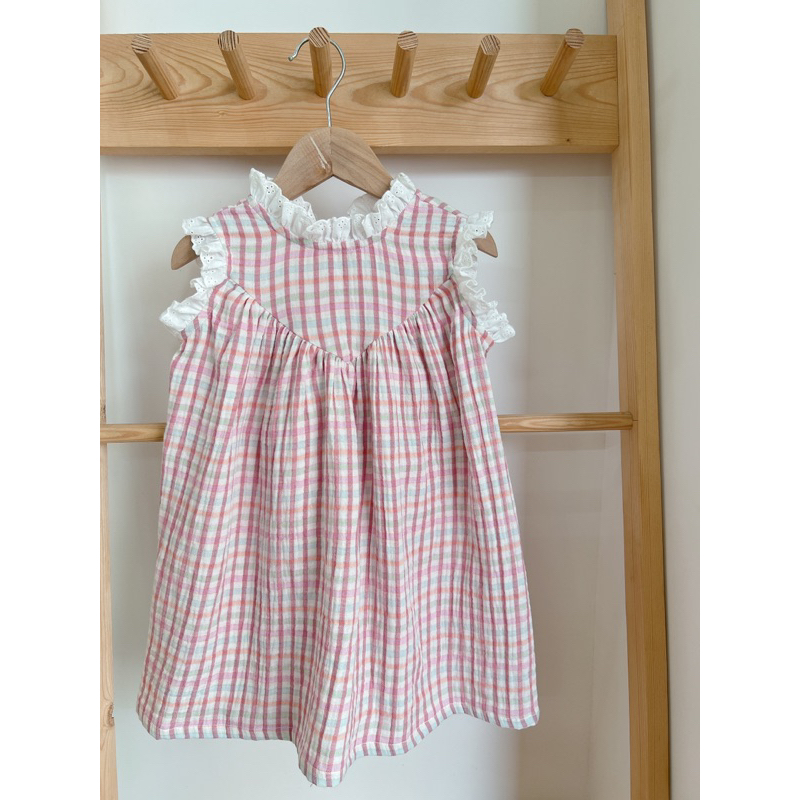Đầm babydoll caro phối ren Tây babycloset cho bé gái
