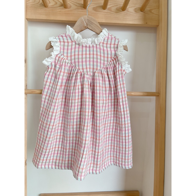 Đầm babydoll caro phối ren Tây babycloset cho bé gái