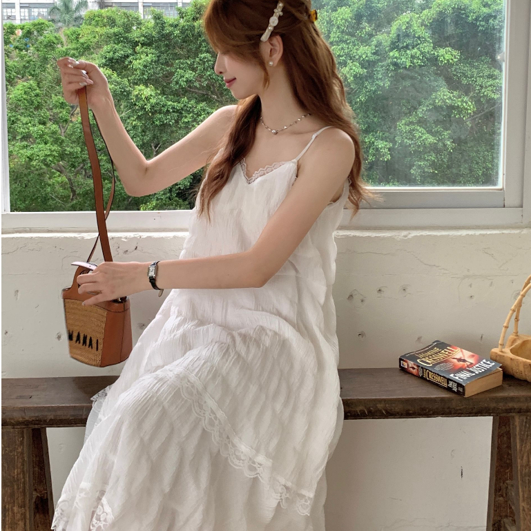 Đầm maxi nữ 2 dây dáng suông chữ A , váy maxi 2 dây cổ V xếp tầng viền ren tiểu thư 3146