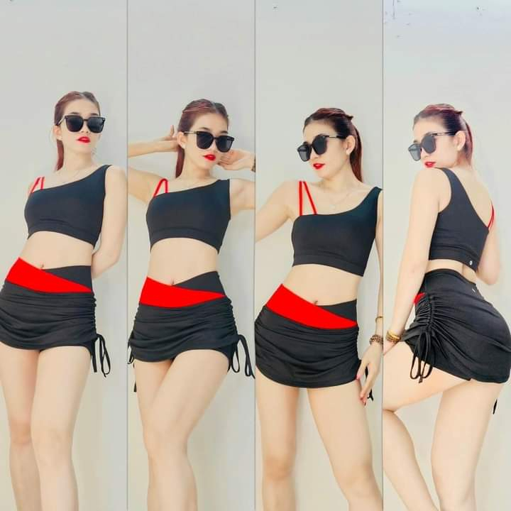 Bộ váy rút dây áo lệch vai