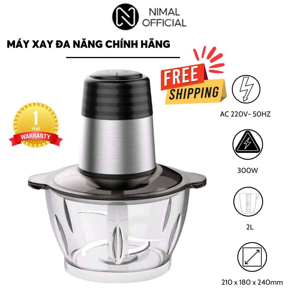 Máy xay thịt đa năng Nimal lưỡi kép cối thuỷ tinh dung tích 2L 300W