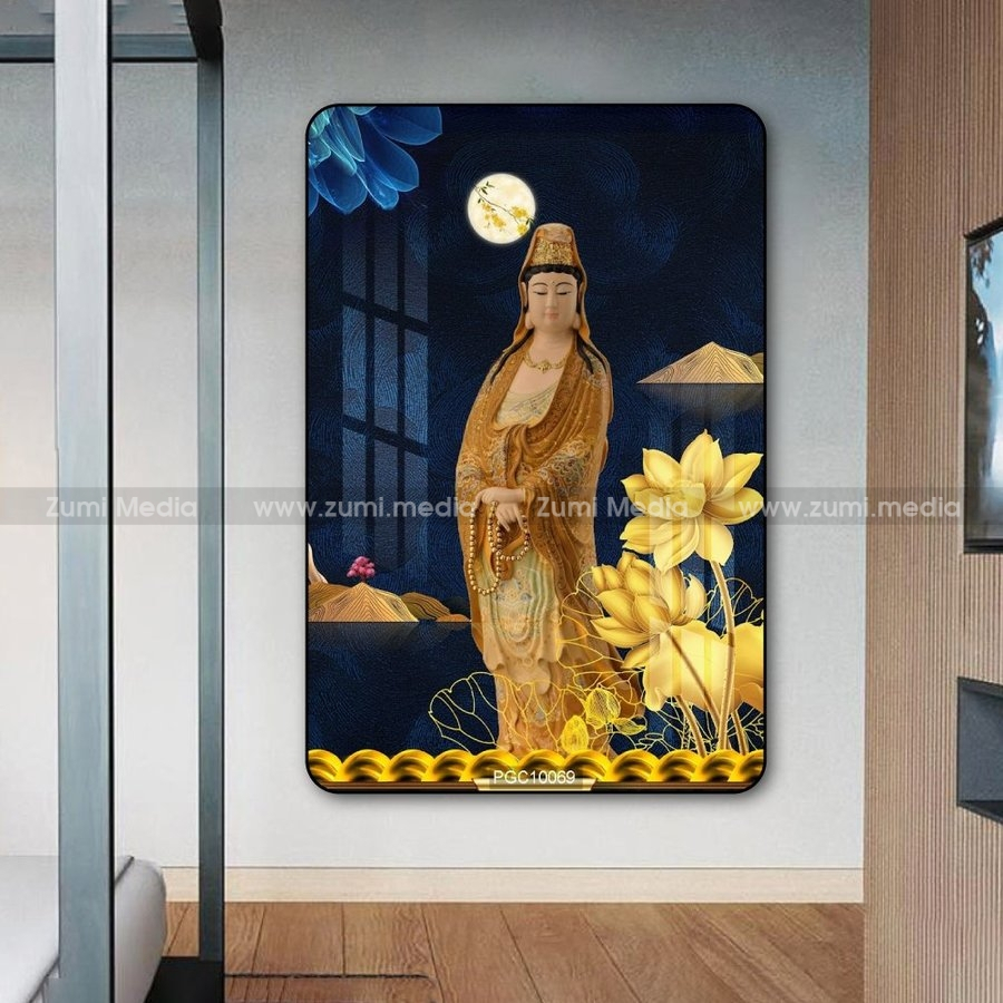 Tranh Treo Tường Phật Đại Thế Chí Bồ Tát Bên Hoa Sen Vàng, gỗ gương 20x30