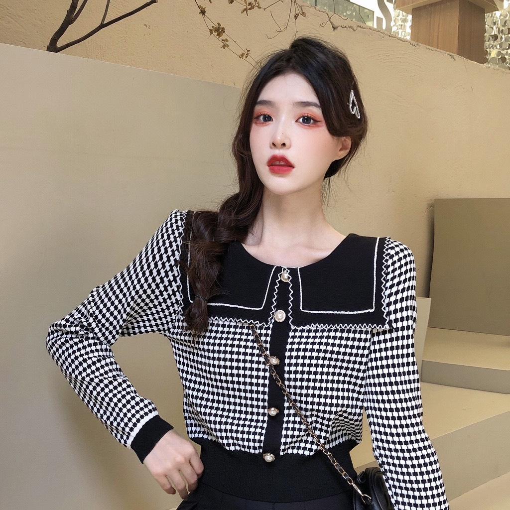 [L2M] Áo len Montoghi dệt kim CỔ LÁ SEN VUÔNG sọc caro TAY DÀI thanh lịch và sang trọng