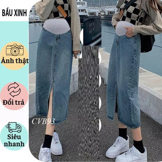 Chân váy bầu jean bò quảng châu-chân váy bầu bò dáng dài xẻ tà trước cực xinh thời trang hàn quốc chun chỉnh bụng