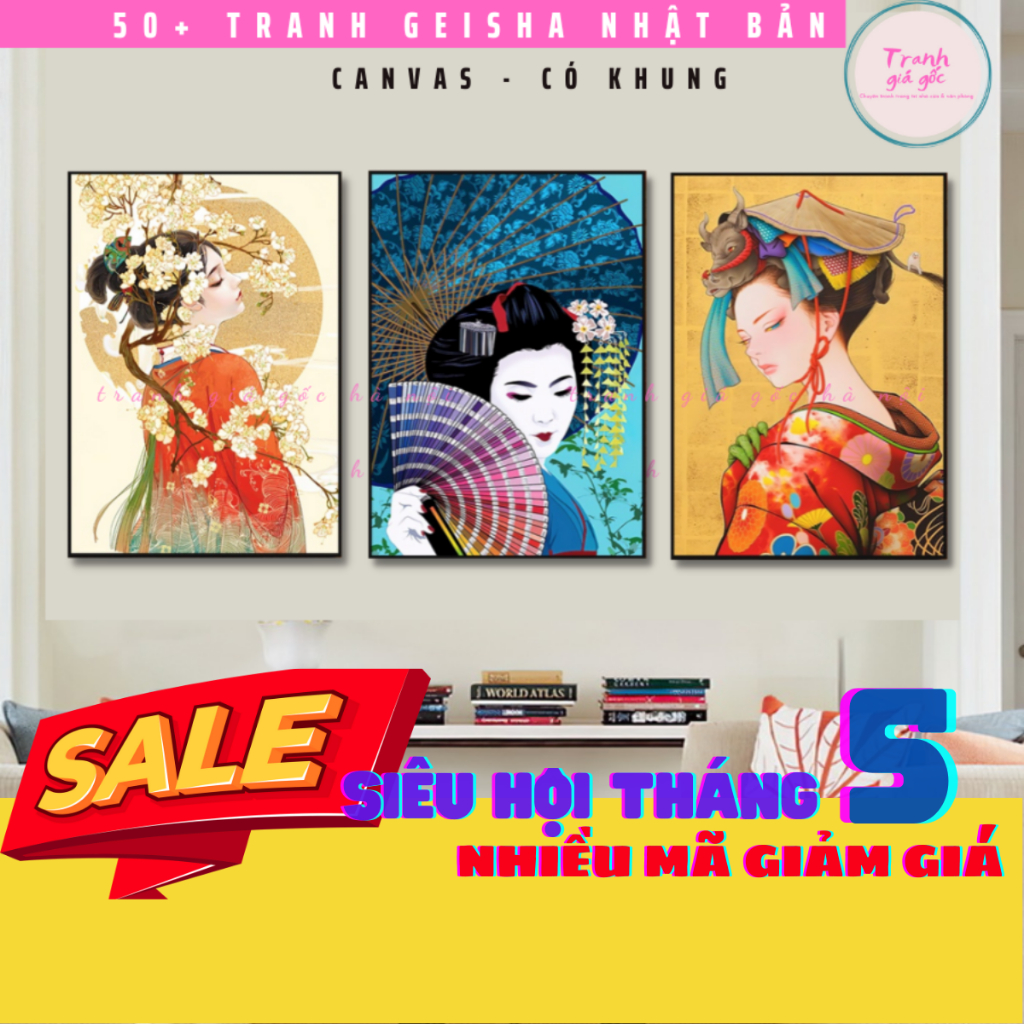 Tranh nàng Geisha Nhật Bản in canvas có khung và đinh treo size vừa và nhỏ [Size lớn hơn khách vào shop để chọn]