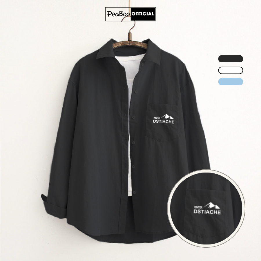 Áo Sơ Mi Nữ, Sơ Mi Nam Nữ Dài Tay Unisex By PEABOO Mã SM In hình Chất Đũi Xước Có Túi Ngực Form Rộng