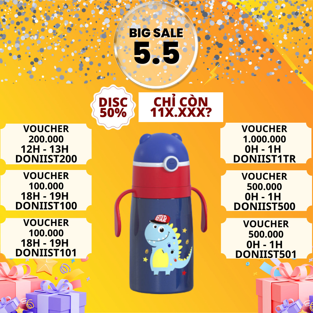 Bình nước trẻ em có khắc tên Donii và logo cho bé lõi inox 316 giữ nhiệt tốt thêm dây quai đeo tiện lợi mang đi học