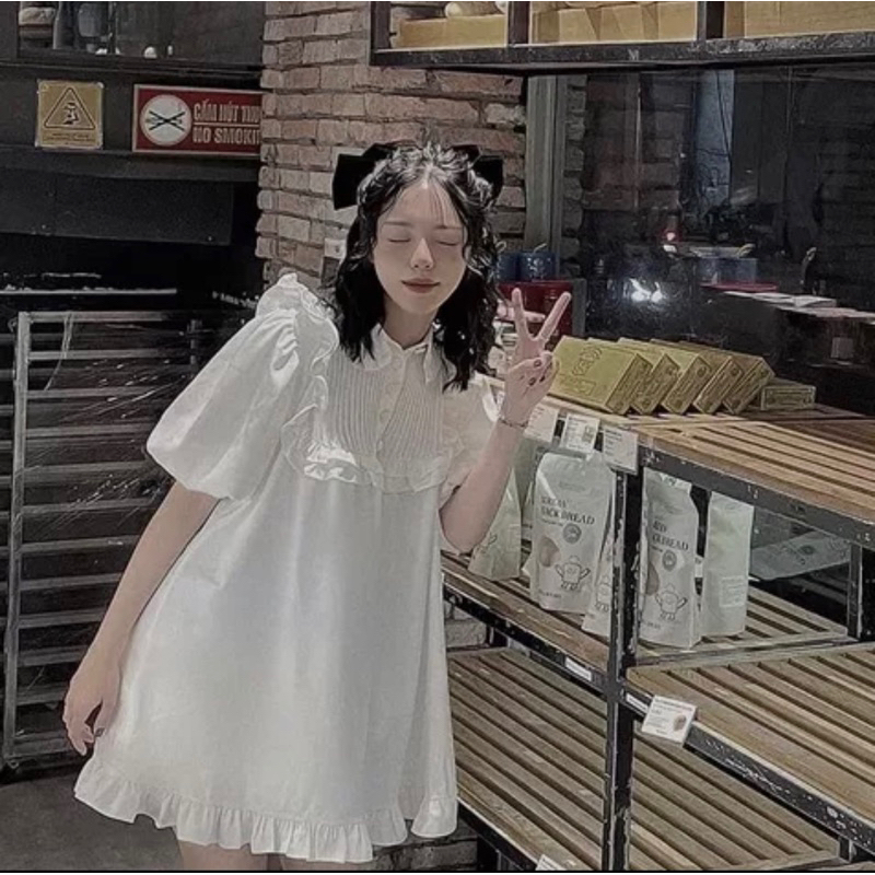 (Hàng 2 lớp) Váy babydoll viền bèo tay bồng MPB