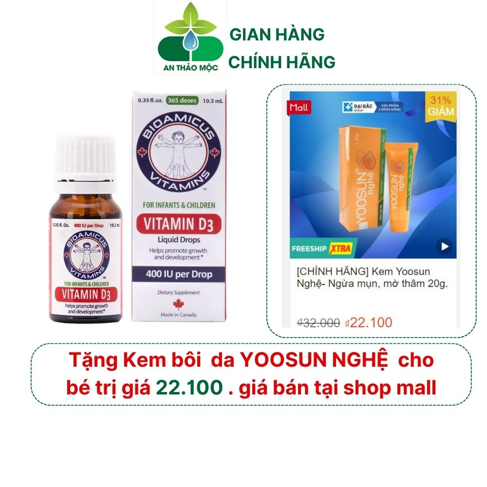 Bioamicus Vitamin D3 bổ sung Vitamin D3 hỗ trợ phát triển xương răng chắc khỏe cho bé hộp 1 lọ 10.3ml