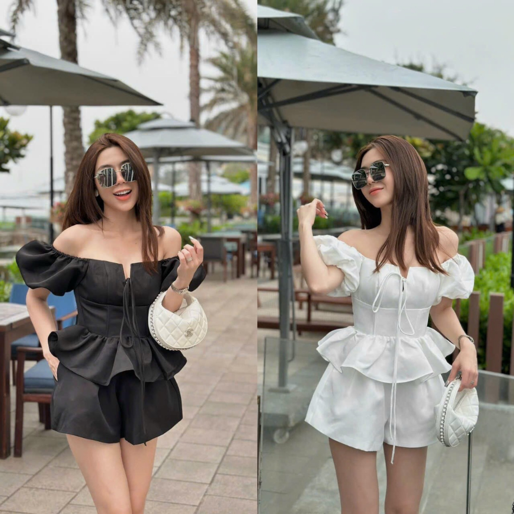 Set váy tiểu thư nữ chất tapda áo trễ vai tay phồng ôm eo dáng xòe mix quần đùi sang chảnh