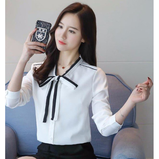 Áo Sơ Mi Phối Màu Kèm Nơ Cổ Tay Dài Tay Dài ❤️💥FREESHIP❤️💥 ÁO KIỂU NỮ CÔNG SỞ