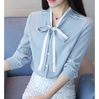 Áo sơ mi phối màu kèm nơ cổ tay dài tay dài ❤️💥freeship❤️💥 áo kiểu nữ công sở