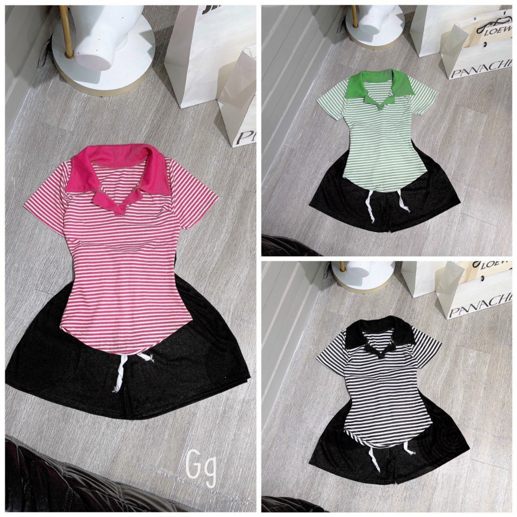 Set bộ nữ áo thun cổ bẻ phối màu mix chân váy xòe dáng ngắn chất thun gân xinh xắn
