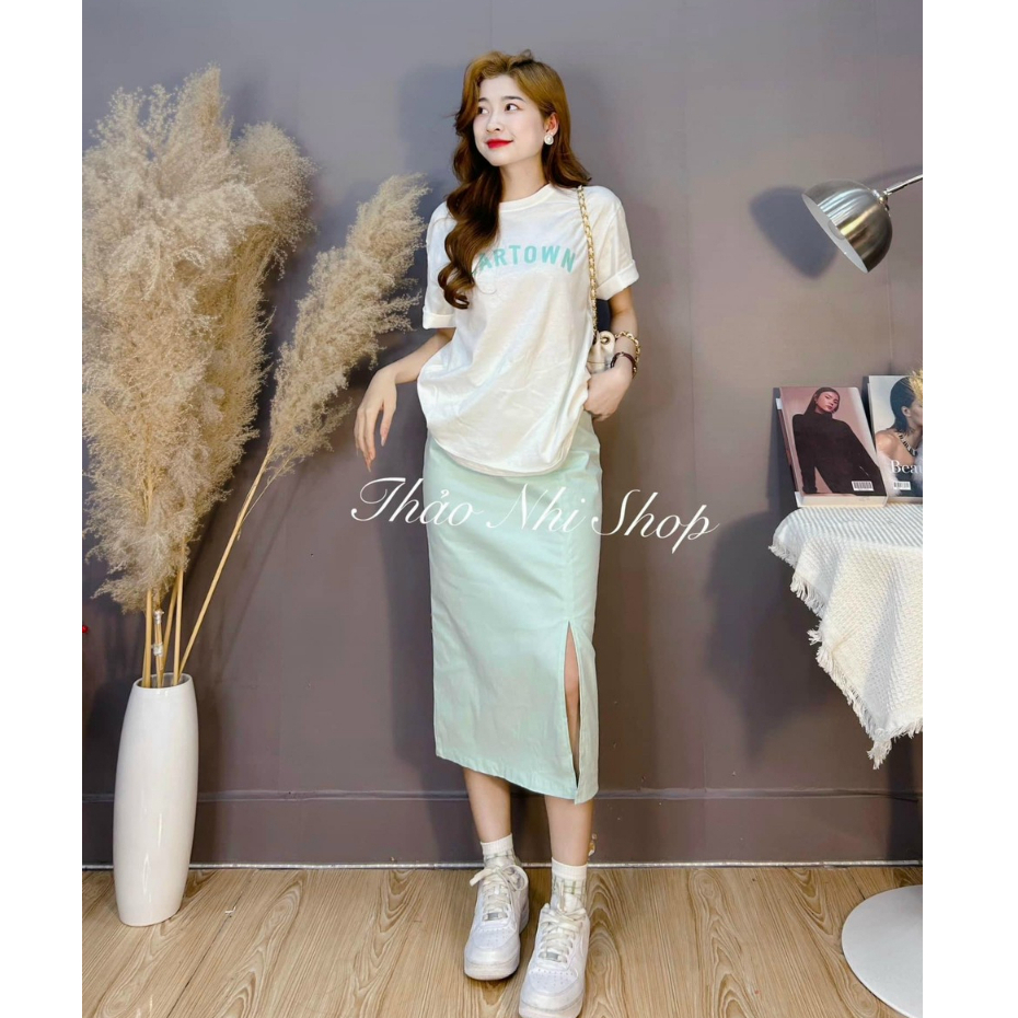Set chân váy dáng midi xẻ ngắn mix áo cotton lạnh ngắn tay xinh xắn, đáng yêu