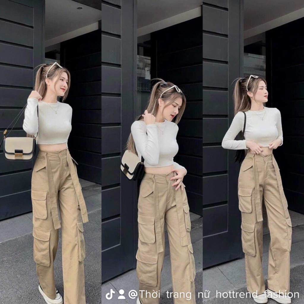 Set áo thun trắng cổ tròn tay dài croptop mix quần dài ống rộng kaki túi hộp đai eo năng động cá tính