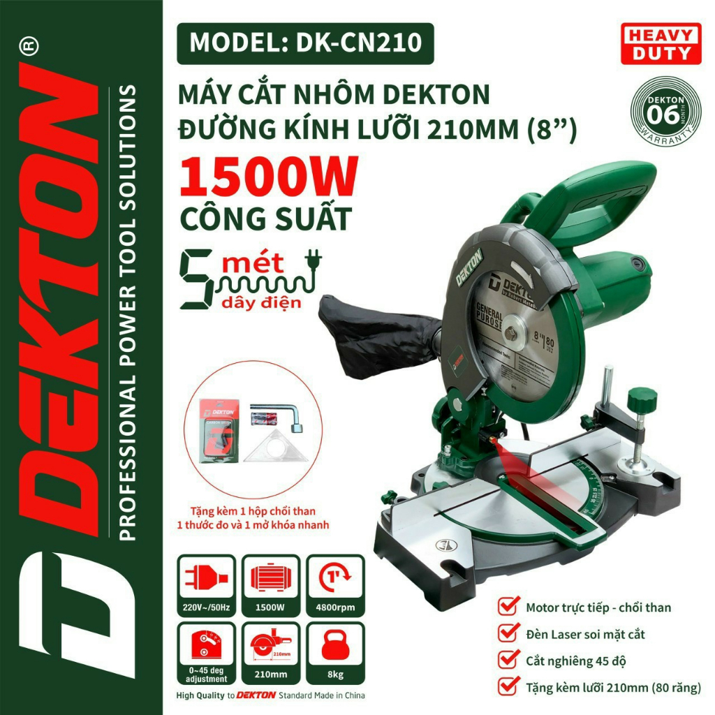 Máy cắt gỗ, nhôm, sắt để bàn mini đa góc, laze lưỡi 210mm Dekton, Model: DK-210 tặng kèm lưỡi cắt sắt 210mm