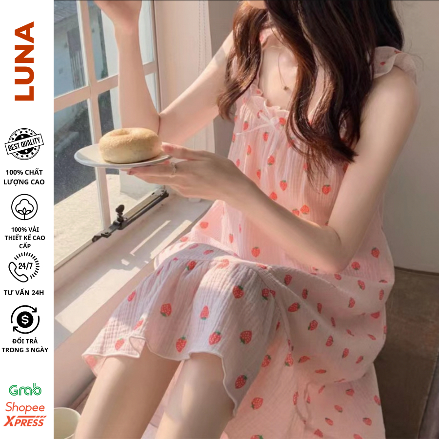 Váy ngủ nữ 2 dây đũi xốp thiết kế LUNA, hàng Quảng Châu, chất mềm, mịn, mát, đồ bộ nữ hè mặc nhà, pyjama