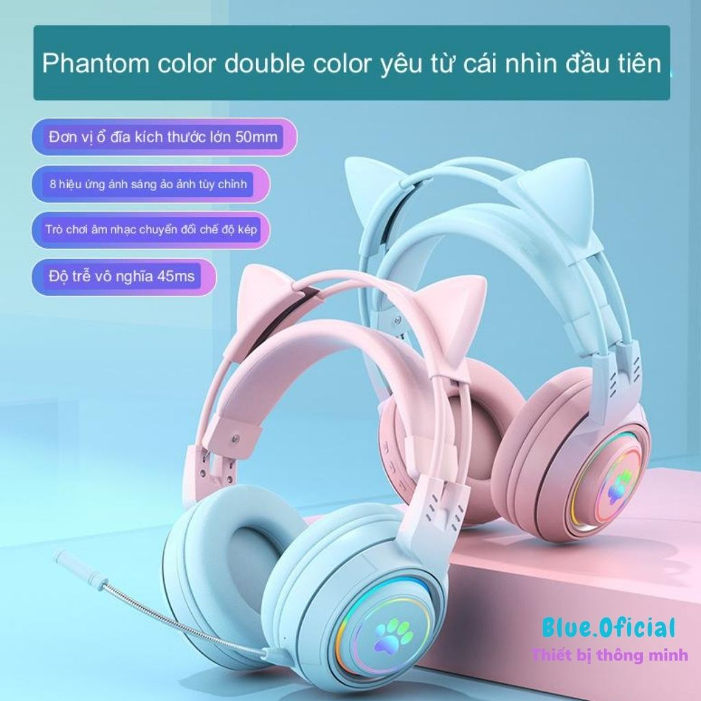 Headphone Tai Mèo và Tuần lộc Chụp Tai Bluetooth 5.0 Dễ Thương, Không Dây Có Mic, Led RGB, Bass Cực Ấm