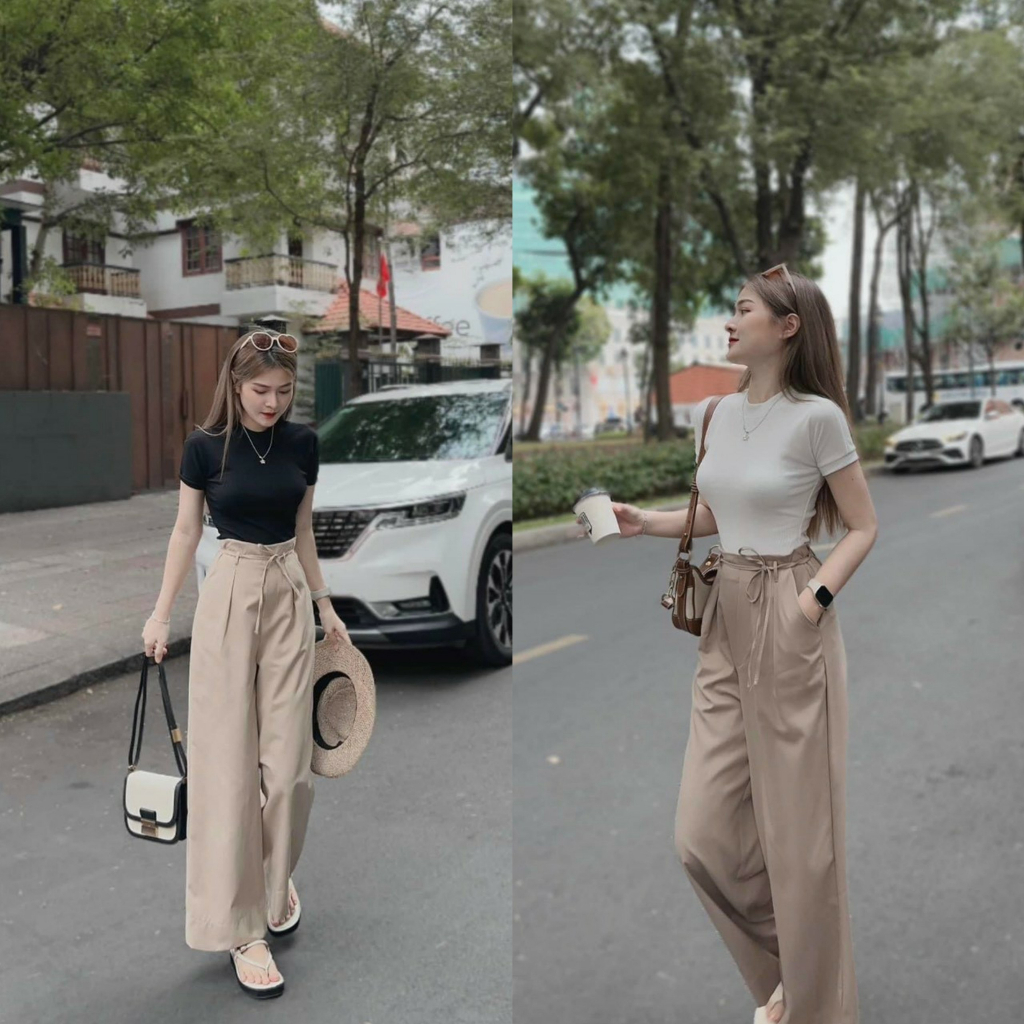 Set đồ bộ áo thun gân ôm dáng mix quần dài ống rộng phong cách Hàn Quốc [545]