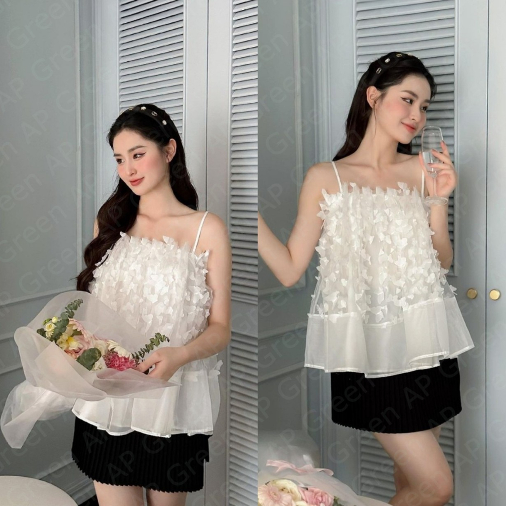 Áo hai dây trễ vai chất organza AP Green A-2D2