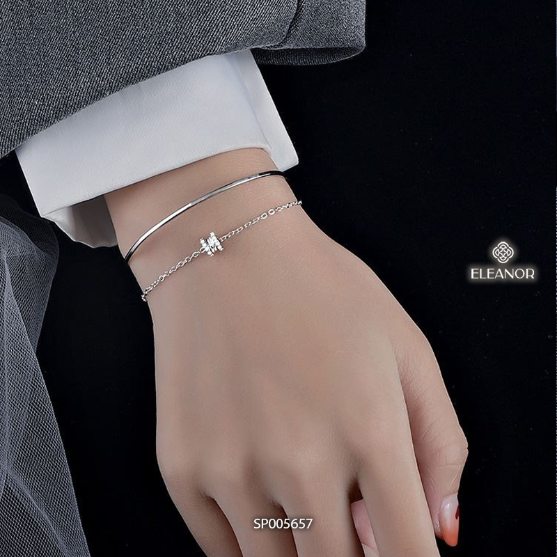 Vòng tay nữ bạc 925 Eleanor Accessories layer mặt hình trụ đính đá phụ kiện trang sức 5657