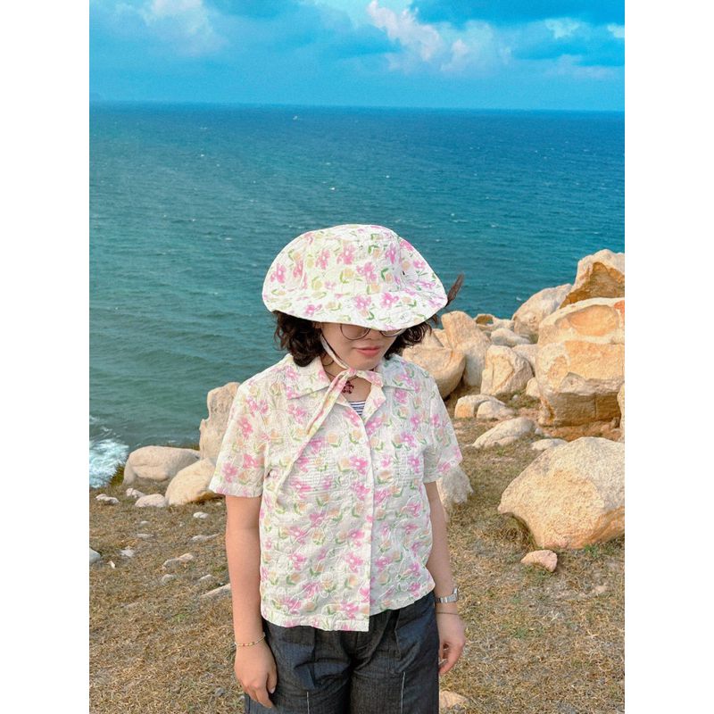 Nón Ngày Nào chất vải hoa xốp thêu, nón dây có thể tháo rời dây, nón 2 mặt không có dây, sẵn nhiều màu