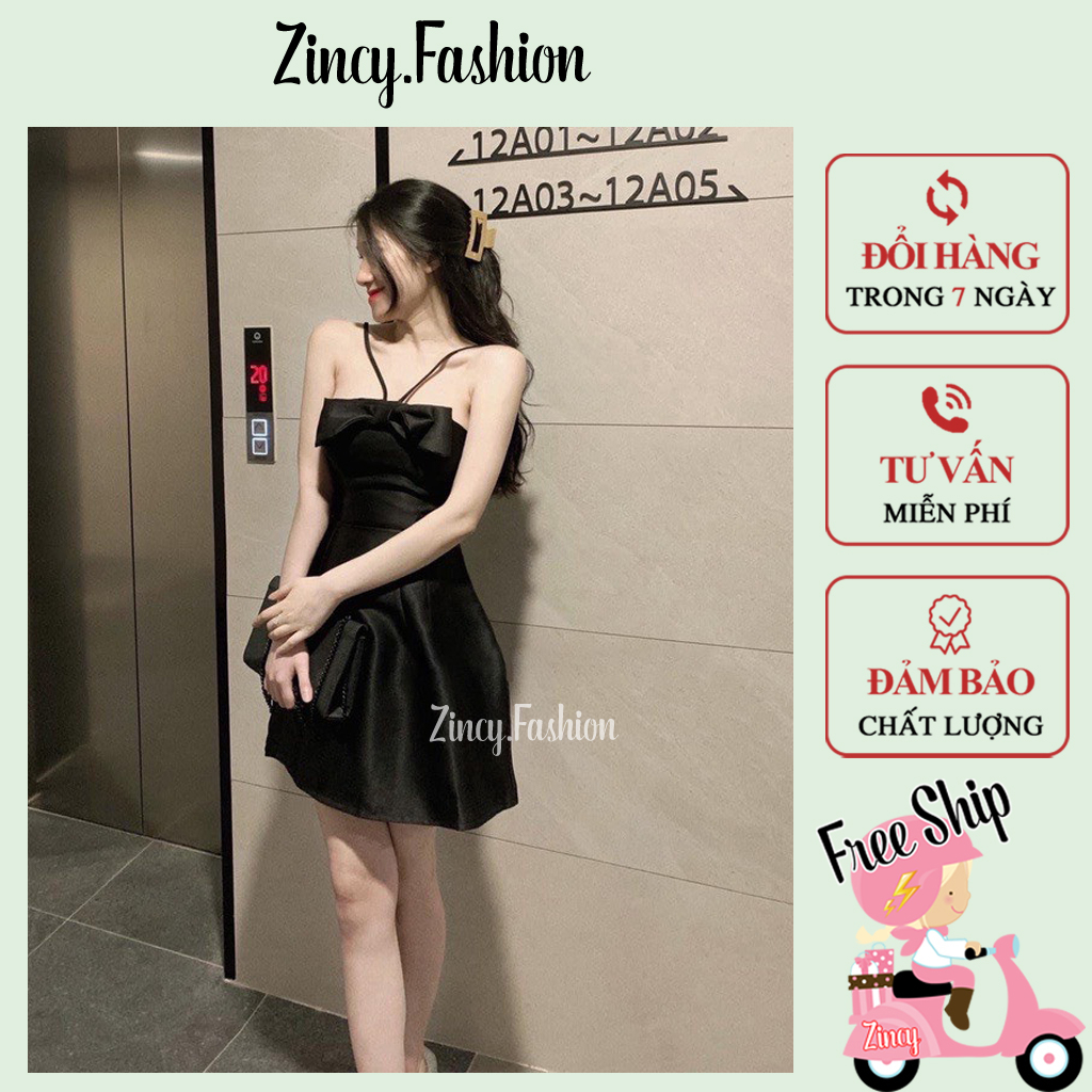 Váy dây cổ yếm sexy phối nơ ngực có mút ngực sang chảnh, đầm dây dự tiệc dáng ngắn Zincy DNODEN003