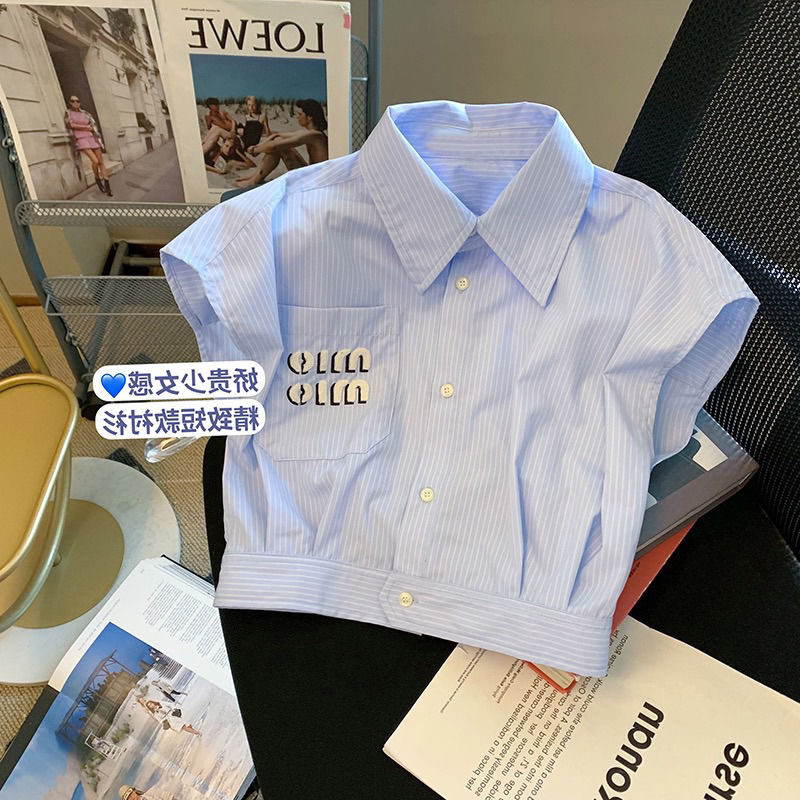 Áo sơmi croptop sọc xanh tay lửng năng động- ORD