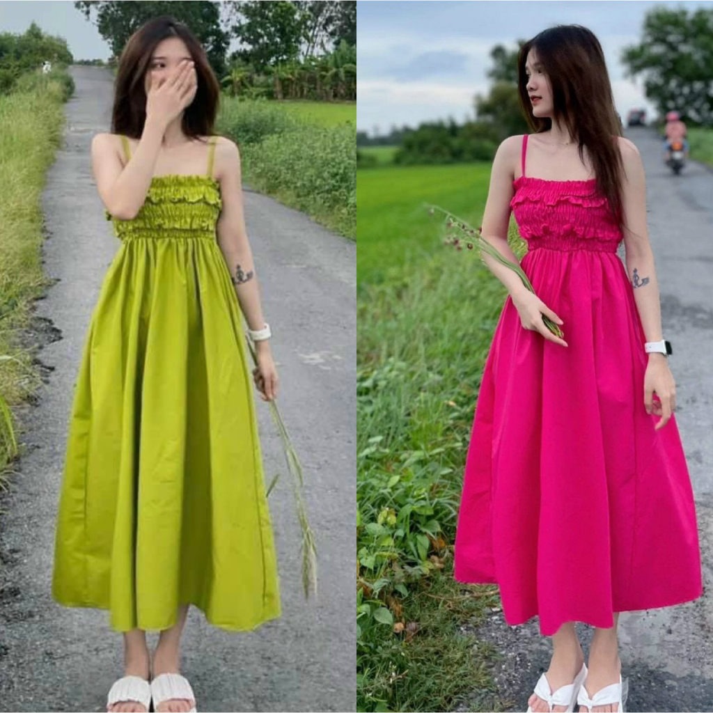 Đầm váy nữ hai dây nhún ngực mix dáng váy xòe dài xinh xắn dành cho các nàng đi chơi, đi dạo siêu dễ thương.