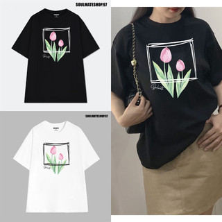 Áo thun nữ form rộng tay lỡ, hoa Tulip, áo phông nữ, chất vải cotton