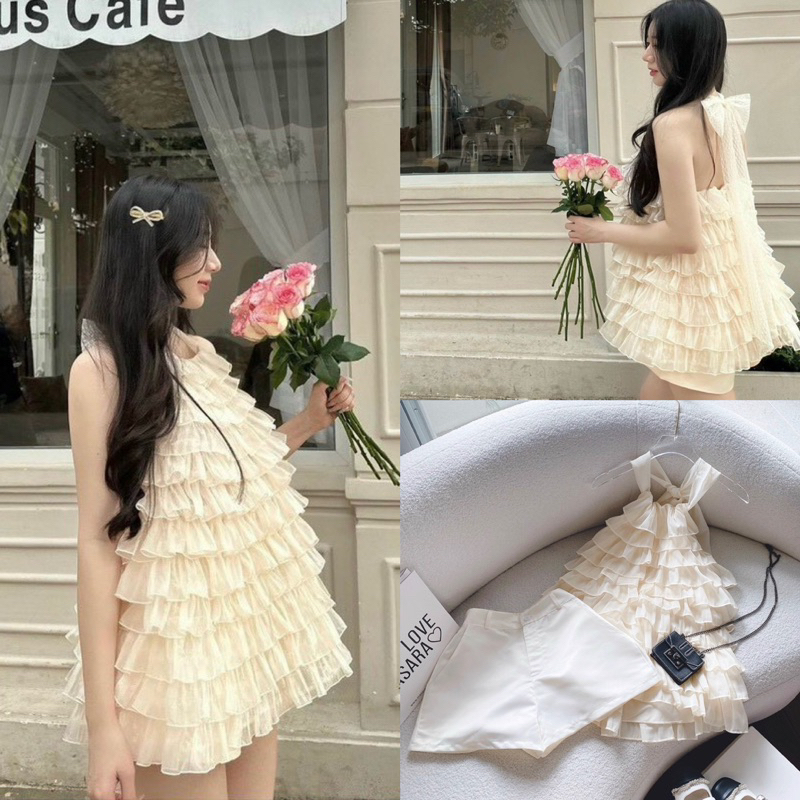 SET ÁO NUDE CỔ YẾM BÈO TẦNG SHORT TRẮNG