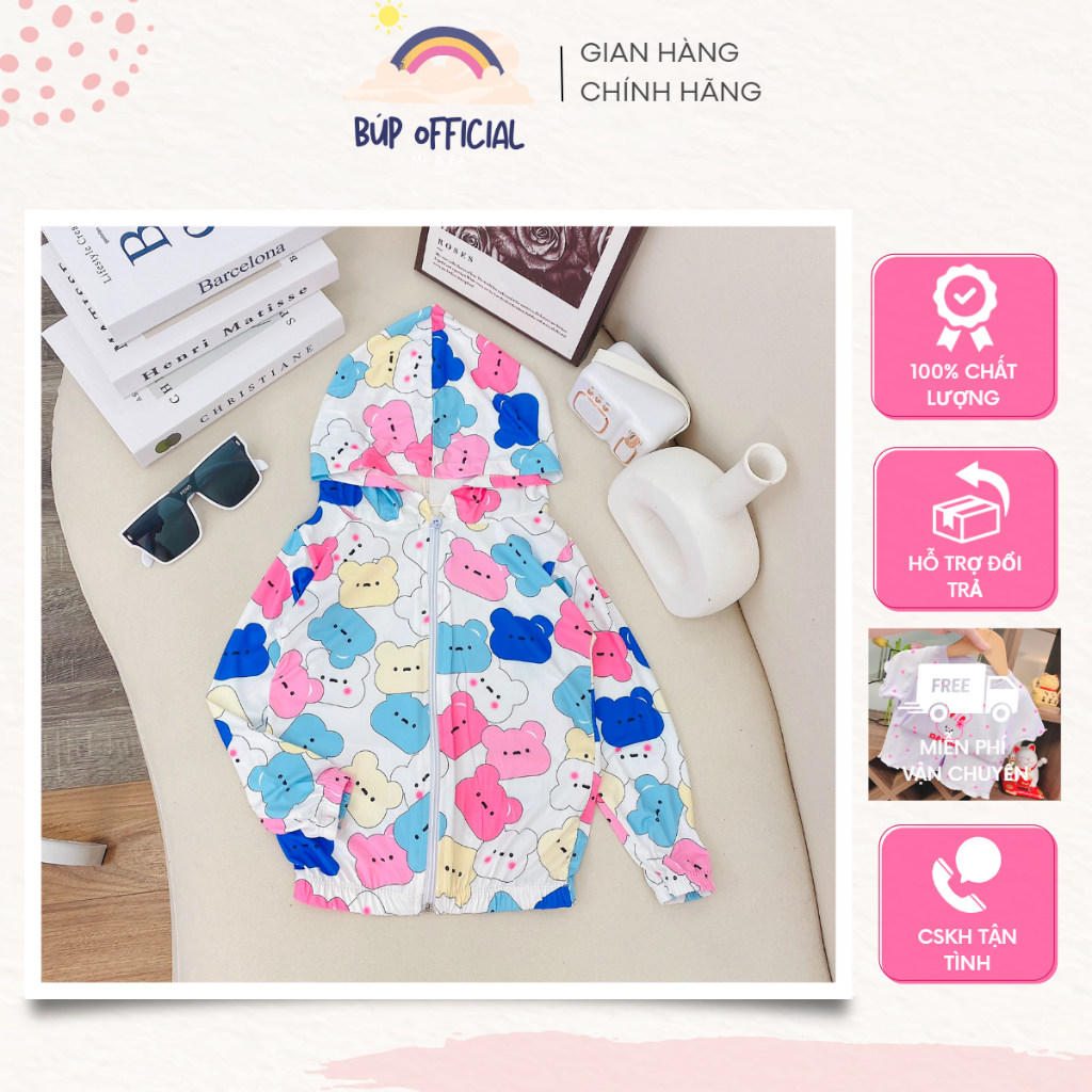 Áo Khoác 3D chống nắng[áo nắng cho bé chất sợi tre loại 1 nhẹ mát thoáng khí chống tia UV màu sắc tươi vui kèm mũ ]