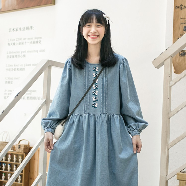 Đầm babydoll dáng dài, váy jean, dài tay vintage VB131