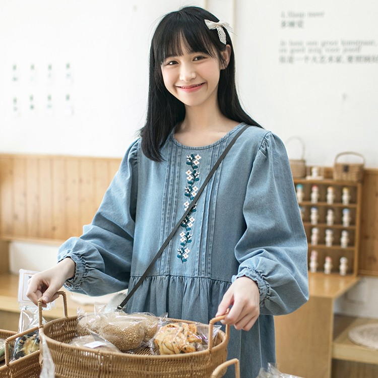 Đầm babydoll dáng dài, váy jean, dài tay vintage VB131