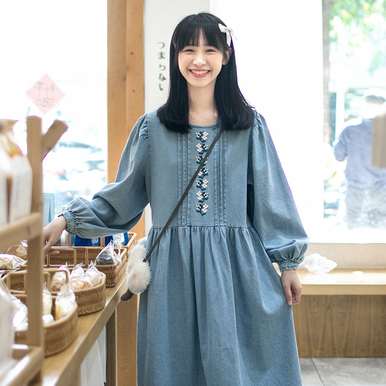 Đầm babydoll dáng dài, váy jean, dài tay vintage VB131