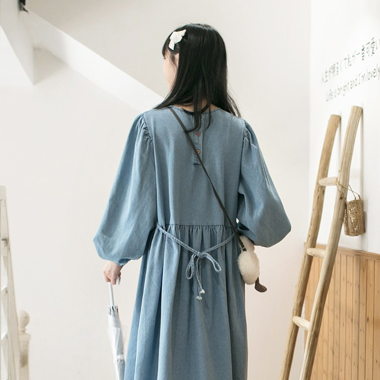 Đầm babydoll dáng dài, váy jean, dài tay vintage VB131