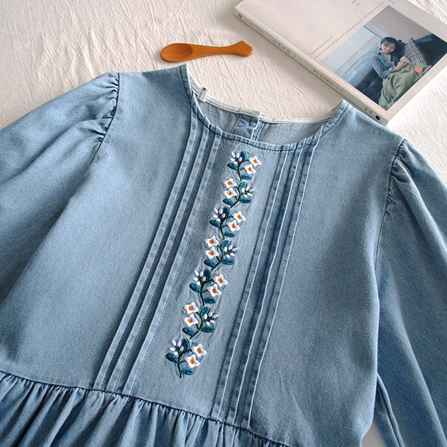 Đầm babydoll dáng dài, váy jean, dài tay vintage VB131