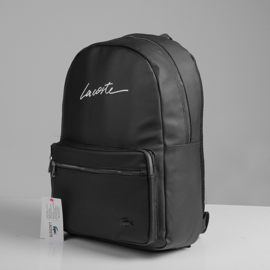 Balo thời trang đi học Lacoste màu đen da si sần chống nước, chuẩn hãng