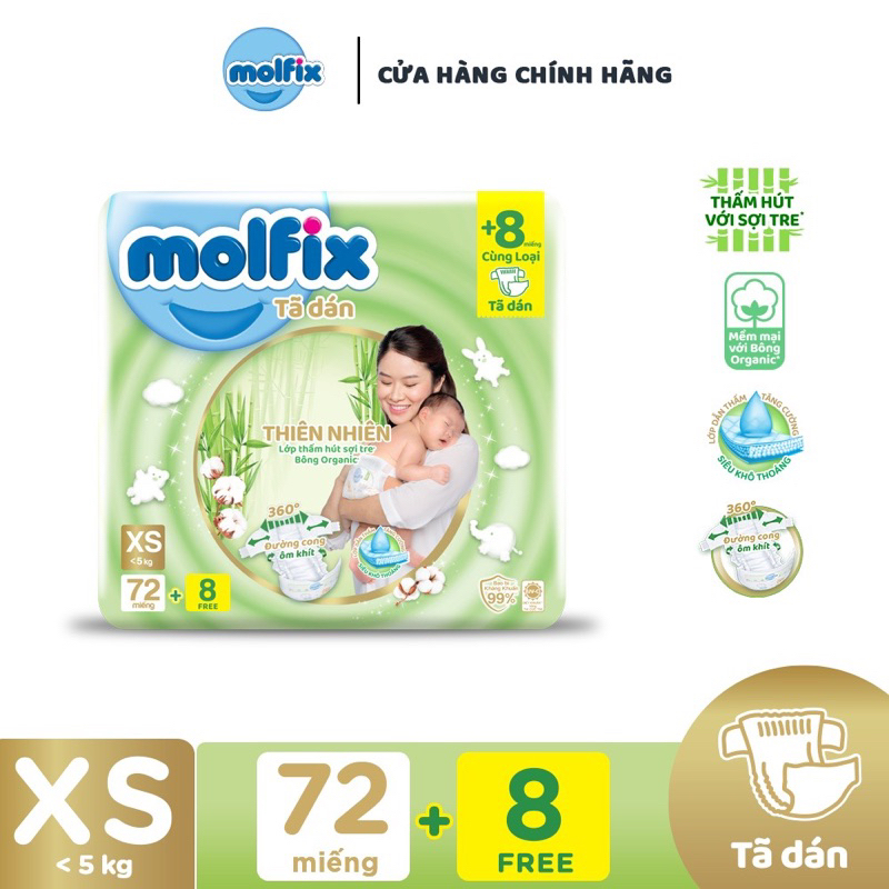 Combo 100 miếng tã dán Molfix Xs cho bé dưới 5kg ( hàng khuyến mại ,dùng thử)