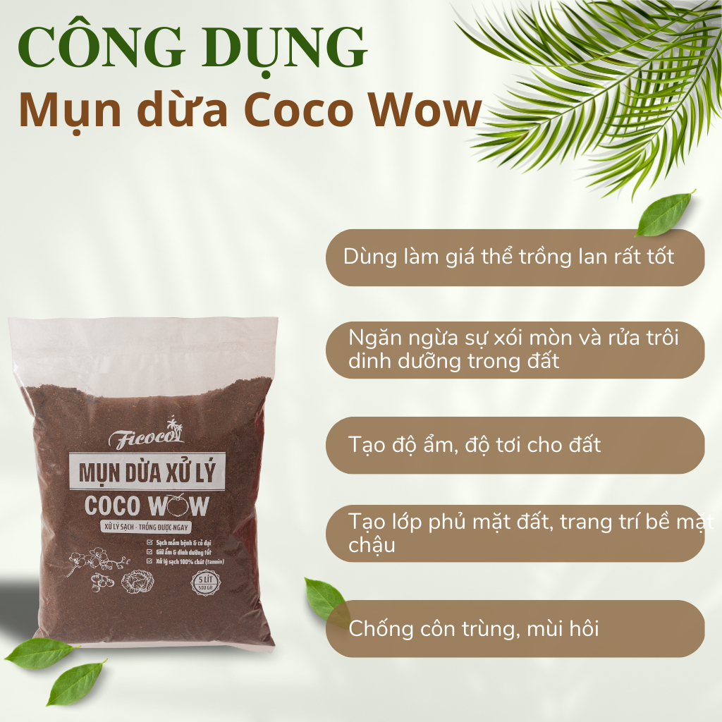 Mụn xơ dừa đã qua xử lý, đất hữu cơ, trồng rau, trộn giá thể trồng cây, túi 5 lít.