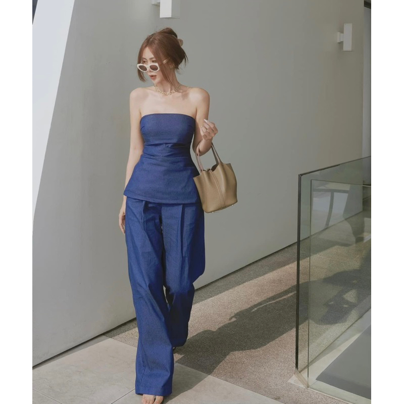 Set Ashley Denim áo quây peplum cup ngực mix quần suông rộng TKCC