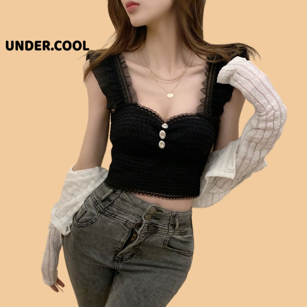 Áo Bra Ren Tiểu Thư Đính Ngọc UNDERCOOL - Áo Croptop Hai Dây Ren Cao Cấp đệm mỏng có gọng tạo khe tự nhiên