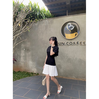 Đầm Dập Ly Phối Trắng Kèm Tag Nơ (ẢNH THẬT)