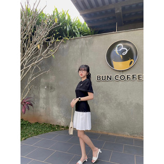 Đầm Dập Ly Phối Trắng Kèm Tag Nơ (ẢNH THẬT)
