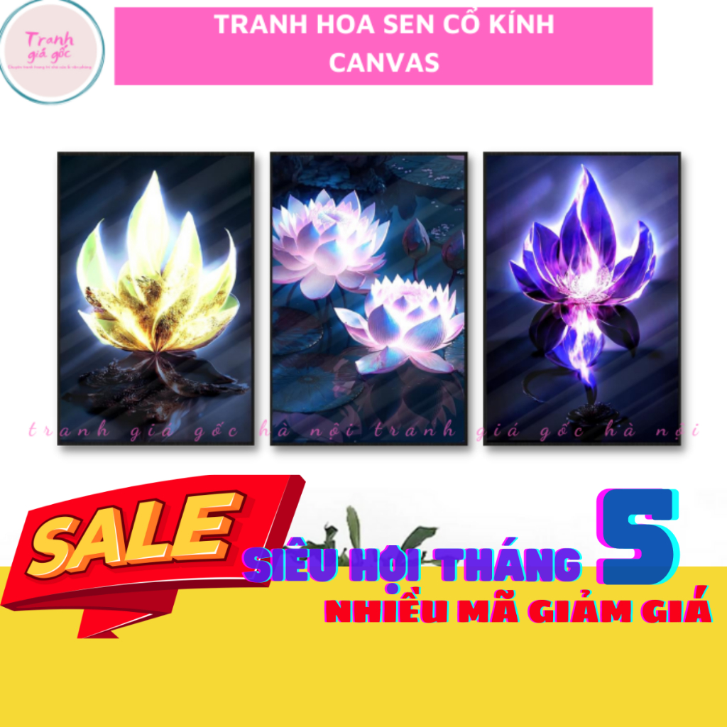 Tranh hoa sen canvas cổ kính bộ tranh độc đáo treo tường có khung SIZE VỪA VÀ NHỎ [Size lớn có trong shop]