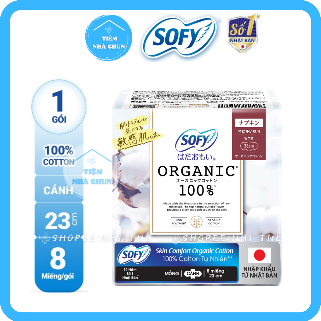 - Gói 8 Miếng/ 15 Miếng 23cm - Băng Vệ Sinh Siêu Mỏng Cánh SOFY COMFORT ORGANIC 100% Cotton - NHI.TNL