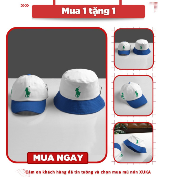 Mũ nón cặp / nón lưỡi trai / nón vành Polô mẫu mới thêu nổi chỉ xanh nền trắng viền xanh khoá da VNXK